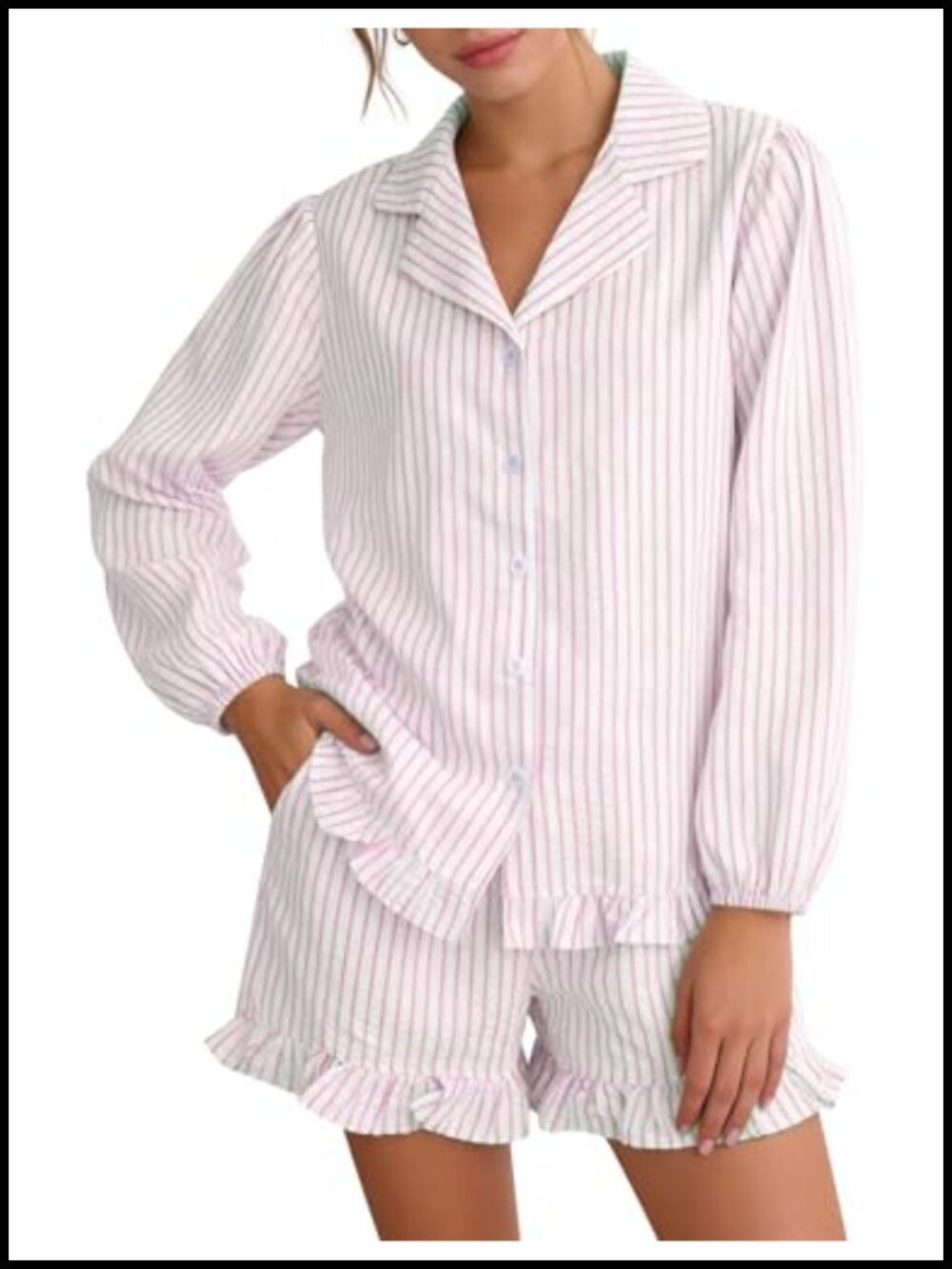 Cotton Poplin Pajama Set 2 Piece Seersucker Long Sleeve Button Down Shirt
